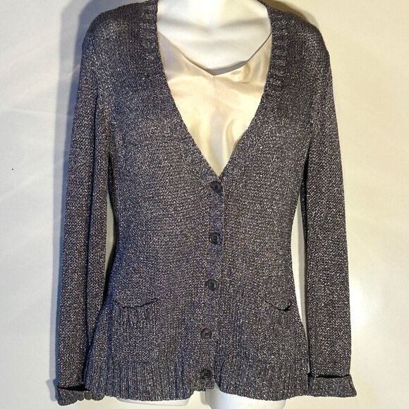 Studio Y SZ XL Silver Gray Metallic Cardigan Button Front 80's comfy Party Bling - Picture 1 of 10